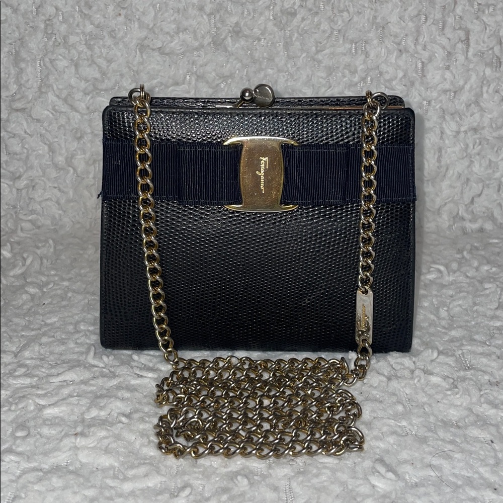 Salvatore Ferragamo Vintage Embossed Leather Vara Bow Kisslock Evening Bag Black